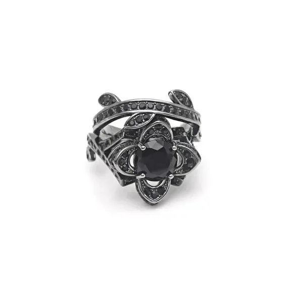 Black stone flower zirconia ring set - Picture 4 of 8